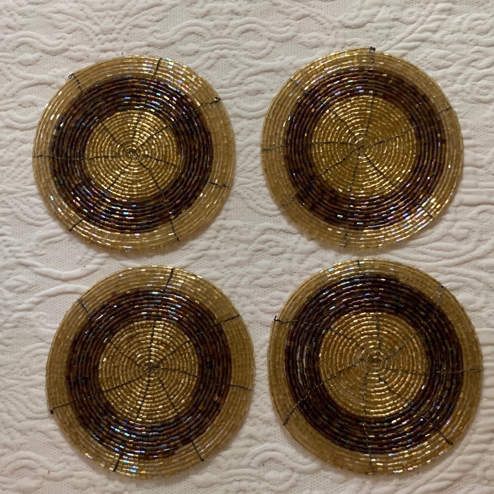 BEADED COASTERS (4) GOLD/BROWN INTERIOR ACCENTS (JO ANNS) 2004 4” NEVER USED